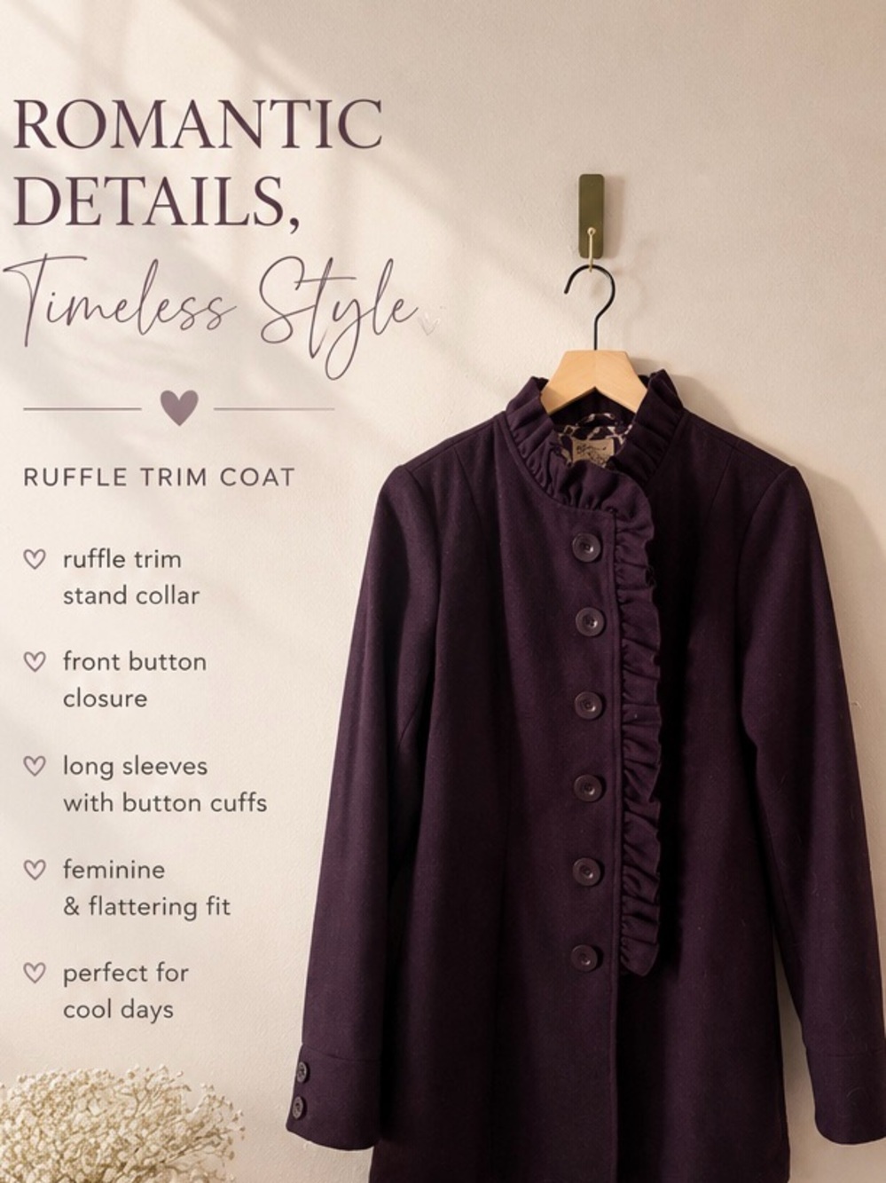 Anthropologie Women’s Ruffle-Trim Wool Coat in Deep Plum